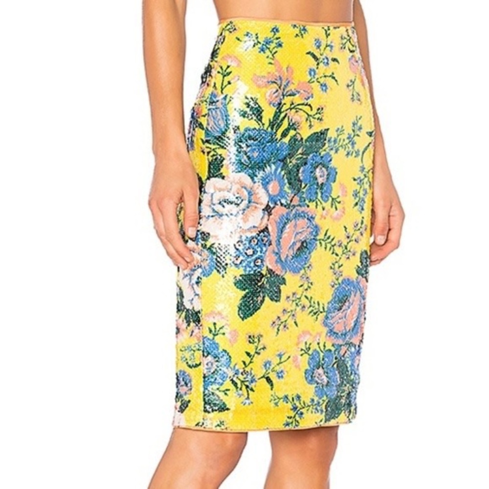 Diane Von Furstenburg Sequin Yellow Floral Pencil Skirt
